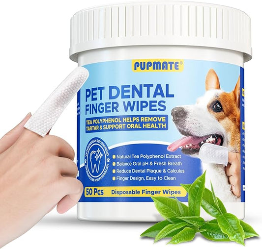 Dental Care Wipes for Dog- Teeth Cleaning Finger Wipes for Plaque and Tartar Removal, Safe & Gentle Disposable Toothbrush Wipes for Fresh Breath & Gum Care - 50 Pcs