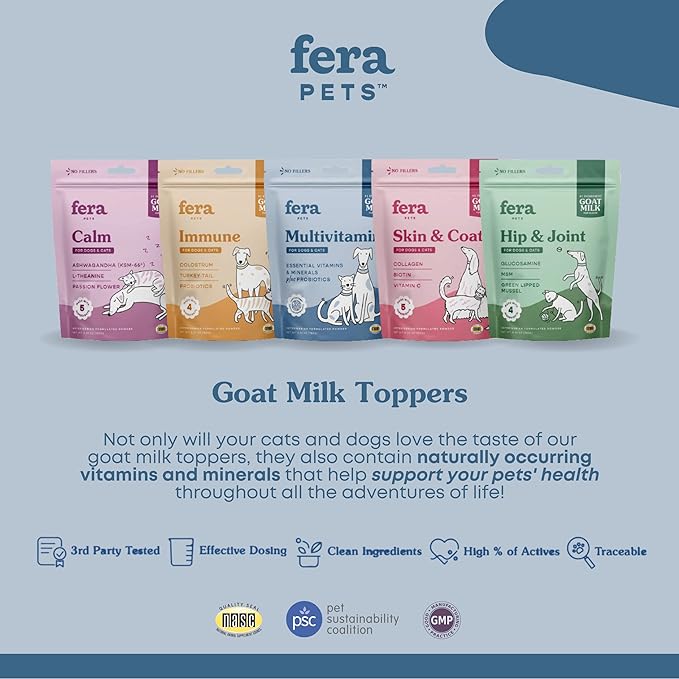 Fera Pets Multivitamin Goat Milk Cat & Dog Food Topper – Vet Created - Cat & Dog Multivitamin - Probiotics & Essential Vitamins & Minerals–60 Servings