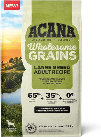 ACANA Wholesome Grains Dry Dog Food, Large Breed Adult Recipe, Poultry Dog Food, 22.5lb