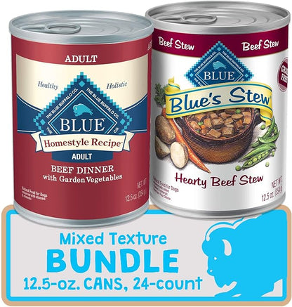 Blue Buffalo Homestyle Recipe Natural Adult Wet Dog Food, Mixed Textures Beef 12.5-oz Cans (24 Count- 12 of Each Flavor)