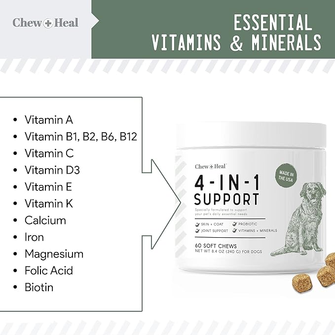Chew + Heal All in 1 Dog Vitamin, 2PK - 240 Soft Chew Treats - Chewable Multivitamin with Probiotics, Digestive Enzymes, for Skin and Coat, Hip and Joint Support - Made in The USA