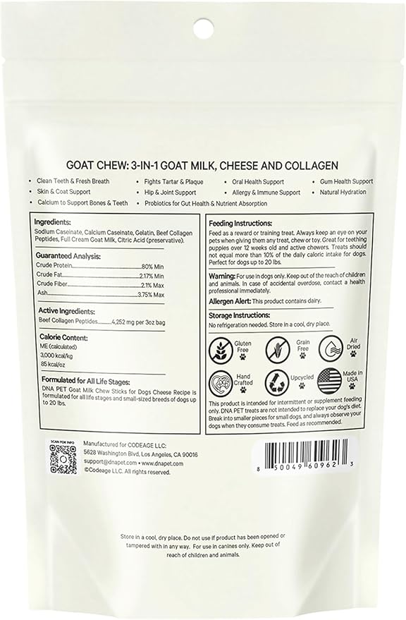 Goat Milk Chew Sticks for Dogs Supplement - High Protein, Collagen, Calcium, Cheese Probiotic Treats for Oral Health, Digestive Support, Bone & Joint Care - Small Dogs Up to 20 Lbs - 3-Count