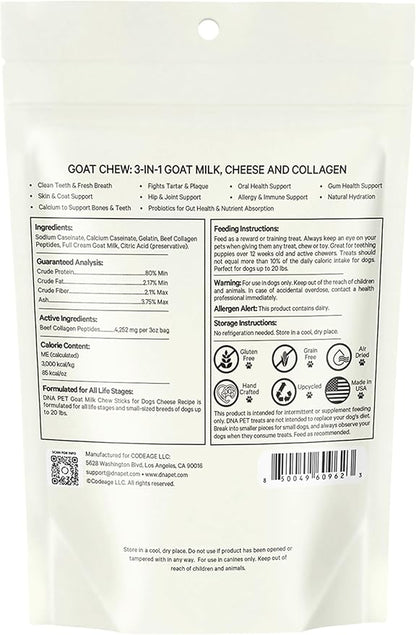 Goat Milk Chew Sticks for Dogs Supplement - High Protein, Collagen, Calcium, Cheese Probiotic Treats for Oral Health, Digestive Support, Bone & Joint Care - Small Dogs Up to 20 Lbs - 3-Count