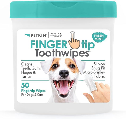 Petkin Fingertip Tooth Wipes for Dogs and Cats, 50 Finger Wipes - Slip-On, Snug Fit, Micro-Bristle Fabric - Cleans Teeth, Gums, Plaque & Tartar - Convenient, Ideal for Home and Travel - Fresh Mint