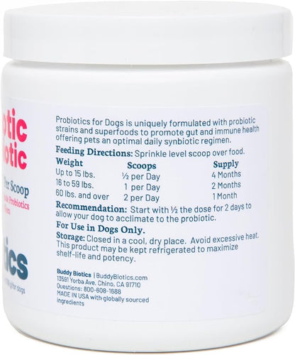 Buddy Biotics Probiotic + Prebiotic for Dogs- Gut Flora Health, Digestive and Immune Health, Diarrhea and Bowel Support – 5 Billion CFU per Scoop