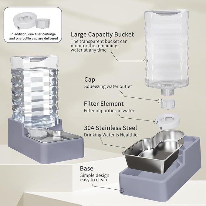 Sfozstra 9L Upgraded Dog Water Bowl Dispenser, Stainless Steel Bowl, Automatic Gravity Cat Water Dispenser, BPA-Free, Large Capacity Water Dispenser with Two Caps and Filters (Light Gray,9L+)