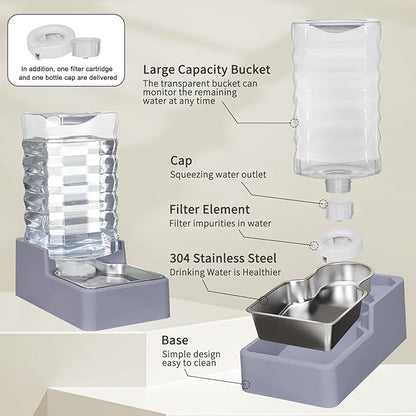Sfozstra 9L Upgraded Dog Water Bowl Dispenser, Stainless Steel Bowl, Automatic Gravity Cat Water Dispenser, BPA-Free, Large Capacity Water Dispenser with Two Caps and Filters (Light Gray,9L+)