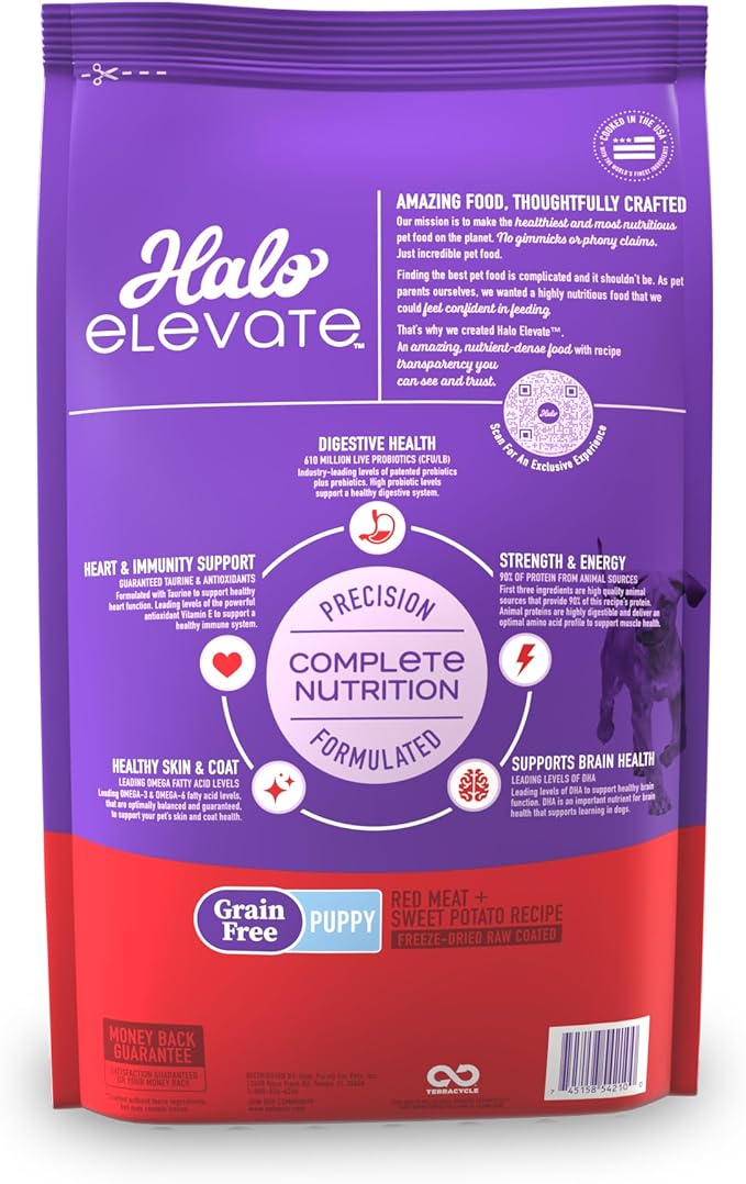 Halo Elevate Dry Dog Food, Grain Free Red Meat Recipe, Puppy Formula, 10lb