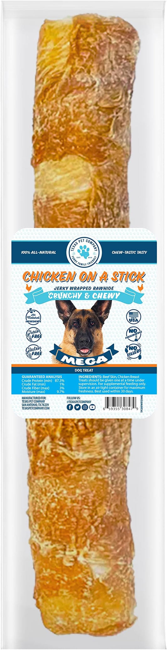 Chicken On A Stick Crunchy & Chewy Chicken Jerky Wrapped Rawhides for Large Dogs, Made in The USA 2-in-1 Dog Treats for Large Dogs, Mega Size 1 Ct