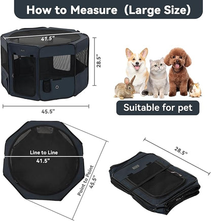PETSFIT Dog Playpen, 45.5" Sturdy Pop Up Dog Kennel Foldable Dog Pen Indoor Outdoor Puppy Playpen for Medium Dogs Cats with Traveling Bag Zipper Sealed Removable Mesh Top Leakproof Bottom Mat Blue L