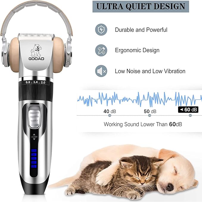 Dog Clippers Grooming Kit and Paw Trimmer,Cordless,Low Noise, Electric Quiet,Rechargeable, Dog Trimmer Grooming, Pet Hair Clippers for Thick Coats,Shaver for Small and Large Dogs Cats(Silver)