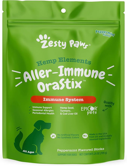 Zesty Paws OraStix for Dogs - Aller-Immune Sticks with Hemp Seed Turmeric EpiCor Pets Fish Oil Supports Immune Function Seasonal Allergies Skin Health Healthy Teeth Gum Blend 25oz