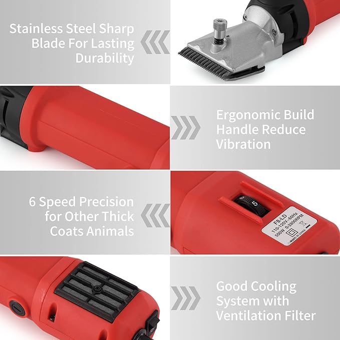 Heavy Duty Clippers for Thick Coats Animals, 500W Professional Electric Shearing Machine for Horse Pony Cattle and Large Dogs Livestocks Grooming, 6 Speed & 2 Detachable Shearing Blades