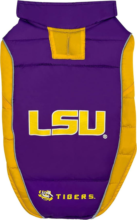NCAA LSU Tigers Puffer Vest for Dogs & Cats, Size Large. Warm, Cozy, and Waterproof Dog Coat, for Small and Large Dogs/Cats. Best NCAA Licensed PET Warming Sports Jacket
