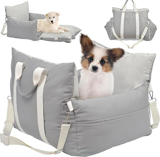 Dog Car Seat for Small Dogs, Upgraded Leather Dog Travel Carrier Bed, Dog Booster with Storage Pocket and Clip-On Safety Leash Fully Detachable and Scratch-Resistant Both Indoor and Outdoor Use