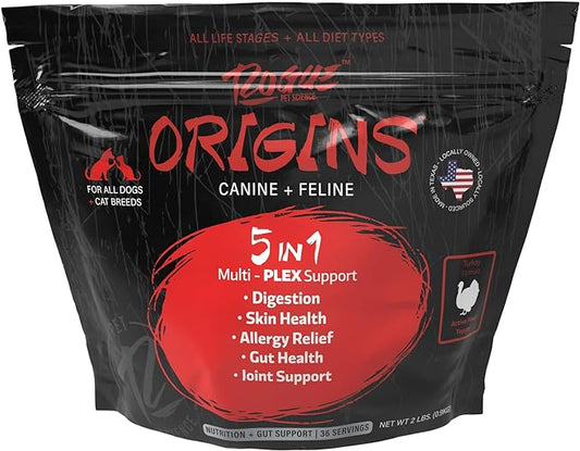 Origins 5-in-1 Dog Supplement - Powdered Food Topper w/Natural Turkey Protein- Supports Healthy Digestion, Skin, and Coat - Helps Reduce Itching & Joint Inflammation (2LB)