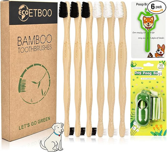 Dog Toothbrush,Pets Bamboo Tooth Brush Double-Sided Small & Large Head Toothbrushes for Dogs Cats,Biodegradable Eco-Friendly Teeth Cleaning Tool (6 Pack with Bag Holder)