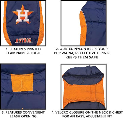 Pets First MLB Houston Astros Puffer Vest for Dogs & Cats, Size Medium. Warm, Cozy, and Waterproof Dog Coat, for Small and Large Dogs/Cats. Best MLB Licensed PET Warming Sports Jacket (AST-4081-MD)