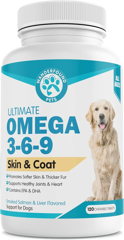 Wanderfound Pets - Omega 3 for Dogs, Skin and Coat Fish Oil for Dogs, Dog Itch Relief, Joint and Heart Health, Chewable Vitamins for Dogs Fur and Skin, Smoked Salmon and Liver Flavor, 120 Tablets