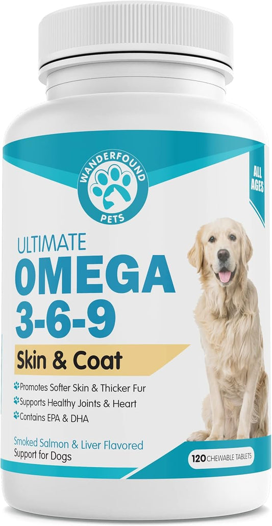 Wanderfound Pets - Omega 3 for Dogs, Skin and Coat Fish Oil for Dogs, Dog Itch Relief, Joint and Heart Health, Chewable Vitamins for Dogs Fur and Skin, Smoked Salmon and Liver Flavor, 120 Tablets