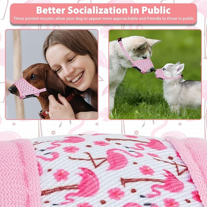 LUCKYPAW Dog Muzzle, Soft Dog Muzzles for Small Medium Large Dogs, Breathable Muzzles to Stop Biting and Chewing with Pattern, Allows Panting and Drinking(Pink Flamingo,S)