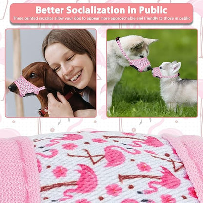 LUCKYPAW Dog Muzzle, Soft Dog Muzzles for Small Medium Large Dogs, Breathable Muzzles to Stop Biting and Chewing with Pattern, Allows Panting and Drinking(Pink Flamingo,S)