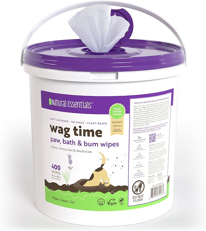 Wag Time Dog Wipes for Paws and Butt - 400 ct Thick Plant-Based Cleaning and Deodorizing Cloth, Lavender with Chamomile, Aloe Vera, Vitamin E, B5, Oatmeal (Pack of 1)