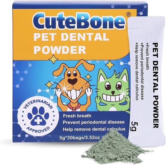 CuteBone Pet Dental Powder 20 Bags On The Go- Natural Oral Care Formula for Dogs & Cats, Freshens Breath, Reduces Plaque & Tartar, Promotes Healthy Gums, Easy-to-Use Teeth Powder, 0.176 oz, 20 Pack