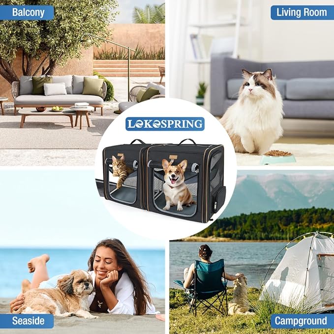 Lekereise 2-in-1 Cat,Dog Carrier for Small Medium Large Pets up to 45 Lbs, (20.85"*2)*19.7"*19.7" Car Travel Carrier with Litter Box, Bowl, and Locking Zipper - Black