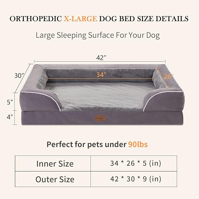 Waterproof XL Dog Bed Orthopedic Foam Dog Beds, Extra Large Dog Bed with Bolster, Washable Dog Bed Sofa Pet Bed with Removable Cover & Non-Slip Bottom(X-large,Purple)