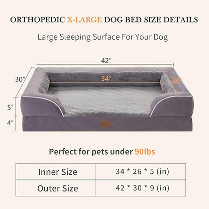 Waterproof XL Dog Bed Orthopedic Foam Dog Beds, Extra Large Dog Bed with Bolster, Washable Dog Bed Sofa Pet Bed with Removable Cover & Non-Slip Bottom(X-large,Purple)