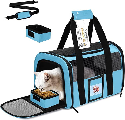 Cat Carrier, Dog Carrier, Pet Carrier Airline Approved for Cat, Small Dogs, Kitten, Cat Carriers for Small Medium Cats Under 15lb, Collapsible Soft Sided TSA Approved Cat Travel Carrier-Blue
