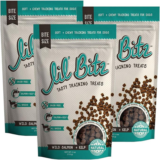 Lil' Bitz training Treats for Dogs and Cats (3 Pack, All Dog Sizes - Wild Salmon + Kelp)