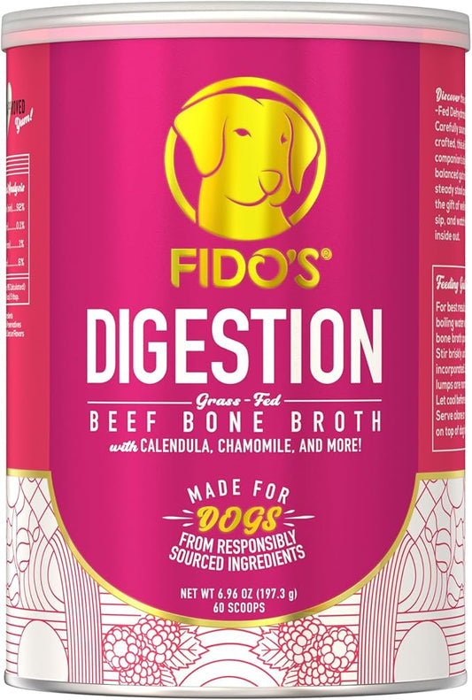 Fido's Digestion Bone Broth for Dogs - Grass-Fed Beef Bone Broth Powder & Organic Herbs - Supports Digestion & Gut Health - Dog Food Topper for Dry Food - 60 Scoops