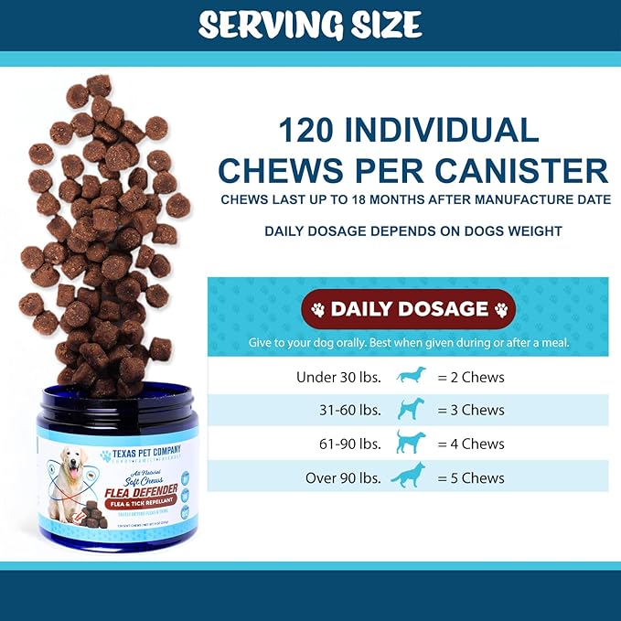 Flea and Tick Prevention for Dogs Chewables Supplement - Made in USA - Natural Flea & Tick Control for Dogs - Oral Flea Pills for Dogs - Flea Defense - All Breeds & Ages