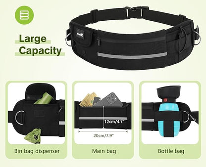 Pecute Hands Free Dog Leash with Pouch, Waist Belt Fanny Pack with Soft Pads, Dual Padded Handles and Durable Bungee for Walking, Hiking, Jogging Biking, and Running (Up to 220lbs) Black
