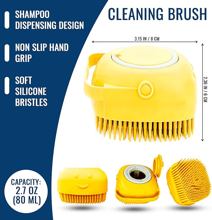 Dog Finger Toothbrush, Dog Shampoo Brush, Dog Accessories: 3 in 1 Dog Bath Brush and 2 Finger Tooth Brush Kit, Essential Puppy Products for Teeth Cleaning, Bathing, and Grooming (Yellow).