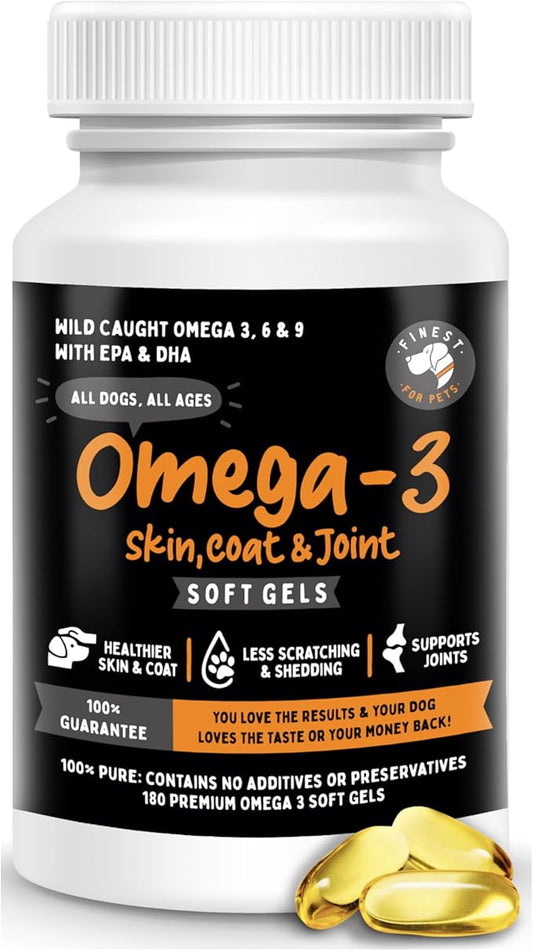 100% Pure Omega 3 Fish Oil Soft Gels for Dogs - Organic Skin, Coat & Joint Supplement - Boost Joint Health, Anti-Shedding & Itch Relief - Ideal for Medium to Large Dogs