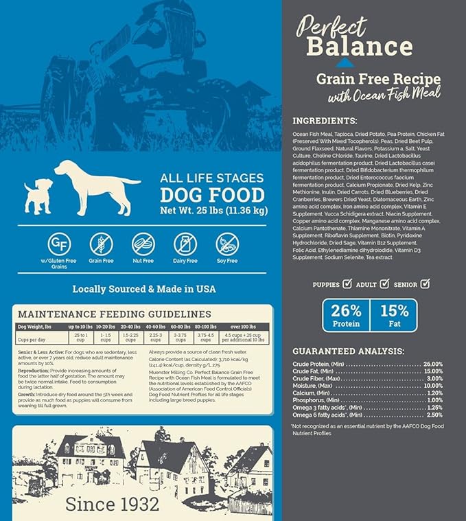 Muenster Perfect Balance OceanFish Meal Grain Free Recipe – Gluten Free Dry Dog Food - Complete and Balanced Kibble for Large, Medium or Small Breed Dogs, 25 lb