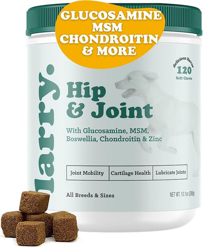Dog Hip and Joint Supplement by Larry | Chondroitin, MSM, Hyaluronic Acid, & Glucosamine for Dogs | Dog Hip & Joint Care for All Breeds & Sizes | Dog Treats for Hip and Joint Health, (120 Soft Chews)
