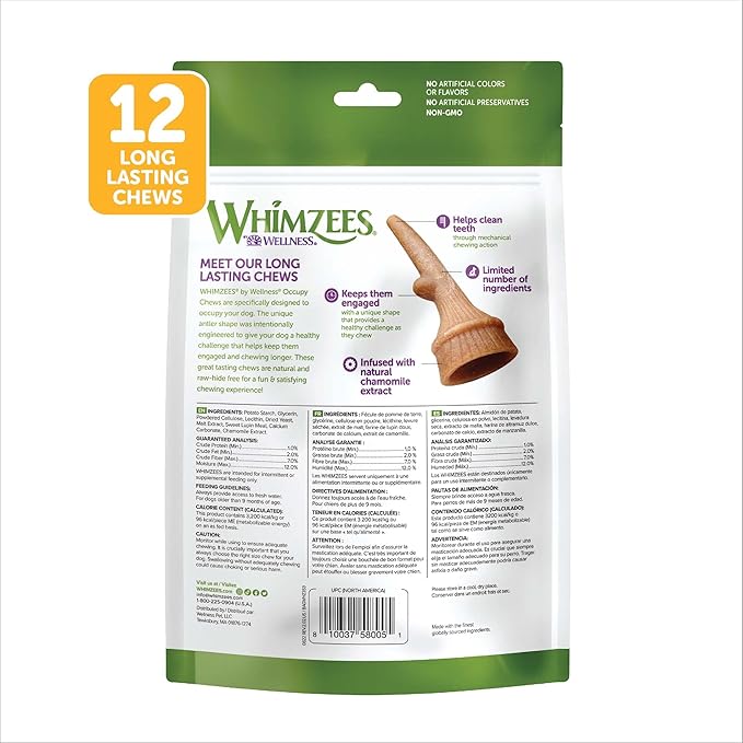 WHIMZEES by Wellness Occupy Antler Natural Dental Chews for Dogs, Long Lasting Treats, Grain-Free, Freshens Breath, Medium Breed, 12 count