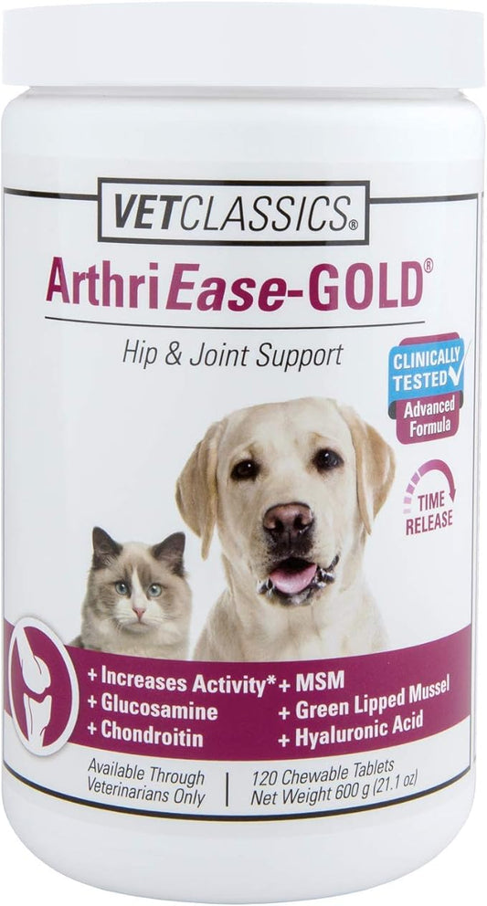 Vet Classics ArthriEase-Gold Hip & Joint Support for Dogs, Cats, Horses – Chewable Tablet Health Supplement – Alleviate Aches, Discomfort – for Flexibility, Healthy Joint – Antioxidant - 120 Ct