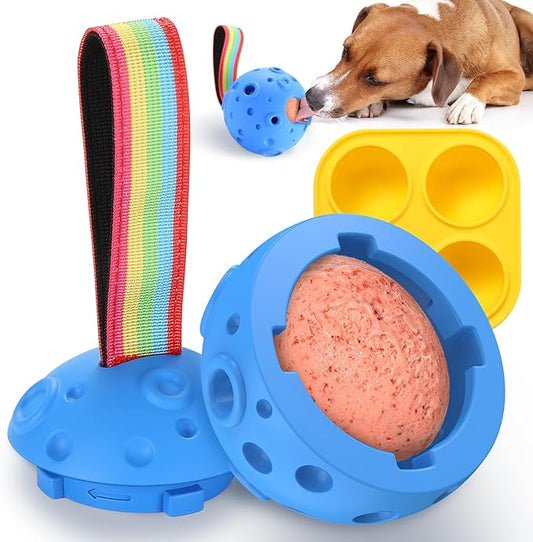 Fillable Dog Chew Toy, Treat Tray for Frozen Dog Food, DIY Fillable Rubber Treat Toy and Silicone Molds, Sturdy Chew Enrichment Stimulation Toys (Blue)