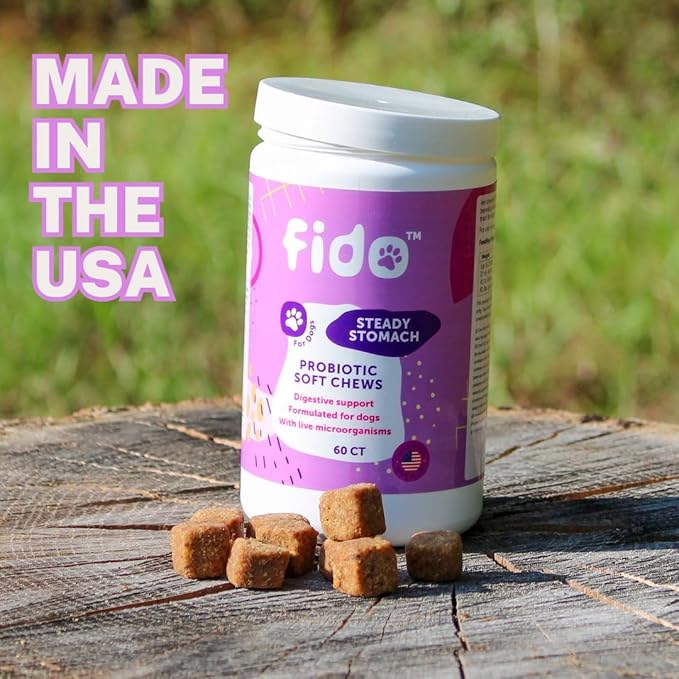 Fido Steady Stomach Probiotic Soft Chews, Chicken Flavor, 60 Chews | Organic Digestive Supplements | Supports Gut Health & Sensitive Stomachs | Veterinarian Approved for All Life Stages
