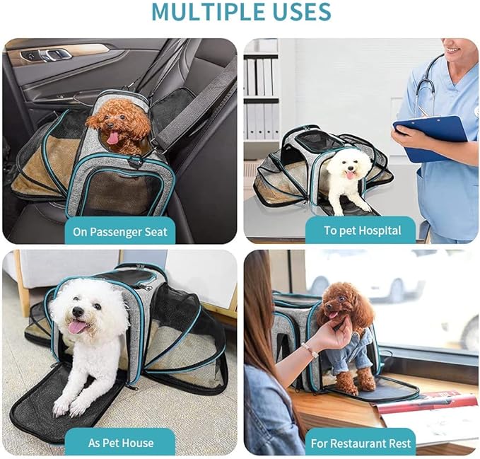 Pet Carrier Airline Approved, Expandable Foldable Soft-Sided Dog Carrier, 3 Open Doors, 2 Reflective Tapes, Pet Travel Bag Safe and Easy for Cats and Dogs