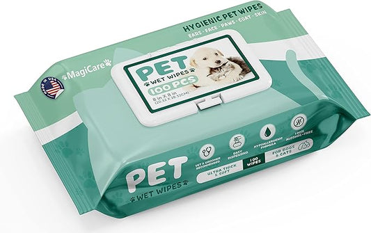 MAGICARE Grooming Wipes for Dogs & Cats - 100 Dog Wipes for Cleaning Paws, Ears and Butt - Unscented Deodorizing Pet Wipes for Dogs with Sensitive Skin - Proudly Made in USA