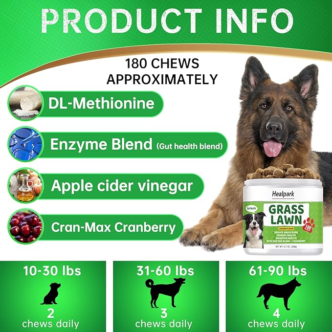 Grass Burn Spot Chews for Dogs - Dog Pee Lawn Spot Saver Caused by Dog Urine - Grass Treatment Rocks - DL-Methionine + Cranberry + Digestive Enzymes - Dog Urine Neutralizer for Lawn - 180 Soft Treats