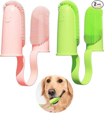 Finger Toothbrush for Dogs, Dog Toothbrush 2 Pack 135ºSurround Bristles for Dog Teeth Cleaning, Pet Finger Toothbrush Dental Care for Puppies, Cats and Small Dog (Pink and Green)