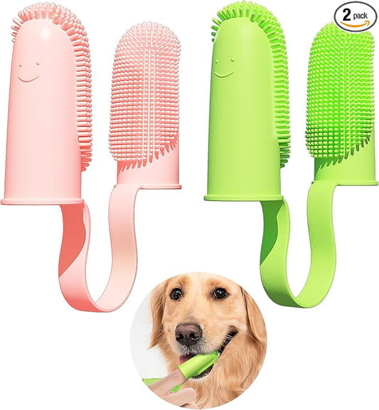 Finger Toothbrush for Dogs, Dog Toothbrush 2 Pack 135ºSurround Bristles for Dog Teeth Cleaning, Pet Finger Toothbrush Dental Care for Puppies, Cats and Small Dog (Pink and Green)