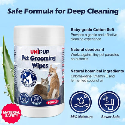 Pet Hygiene Wipes, Coconut-Scented Moisturizing Grooming Wipes for Dogs and Cats, Cleansing & Deodorizing Anal Gland Wipes for Paws and Butt, Gentle and Effective, 100 Count (100 pcs)